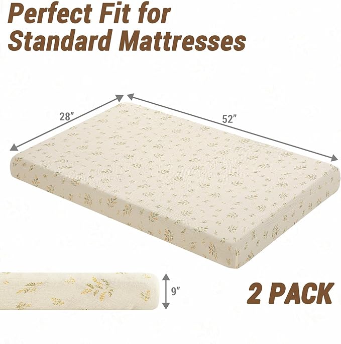 Heavyweight Muslin Baby Crib Sheets - 2PCS 52"x28" Neutral Fitted Crib Sheets for Boys Girls, Breathable Soft 100% Organic Cotton Standard Baby Mattress Sheet (Sage Green, Leaf)