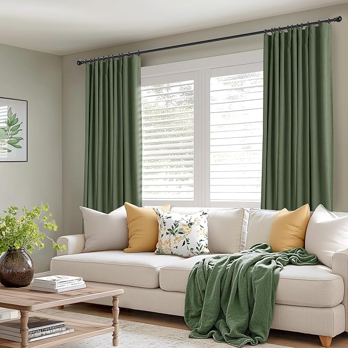 INOVADAY 100% Blackout Curtains for Bedroom, Black Out Curtains 84 Inch Long, Clip Rings Linen Blackout Drapes, Thermal Insulated Room Darkening for Living Room, 2 Panels - Moss Green,W50xL84
