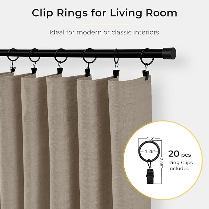 INOVADAY 100% Blackout Curtains for Bedroom, Black Out Curtains 108 Inch Long, Clip Rings Linen Blackout Drapes, Thermal Insulated Room Darkening for Living Room, 2 Panels - Earthy Beige,W50xL108