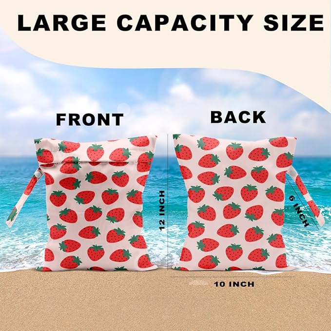 2Pcs Fruits Wet Bags 12x10 Inch, Strawberry Orange Waterproof Travel Laundry Bags, Reusable Wet Dry Bag for Swimsuit Beach Diapers Dirty Yoga Gym Clothes, Travel Gifts for Women Friend Travelers