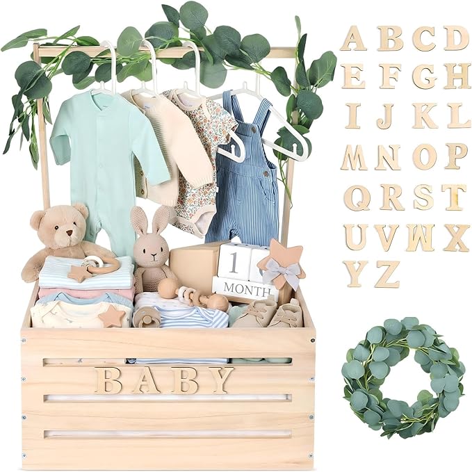 Barydat Wooden Baby Shower Crate Closet, Baby Basket with Handle, Personalized Basket Gifts, Easy Assembly Baskets for Newborn Boy Girl Welcome Gift for New Mom Parents(Wood Color)