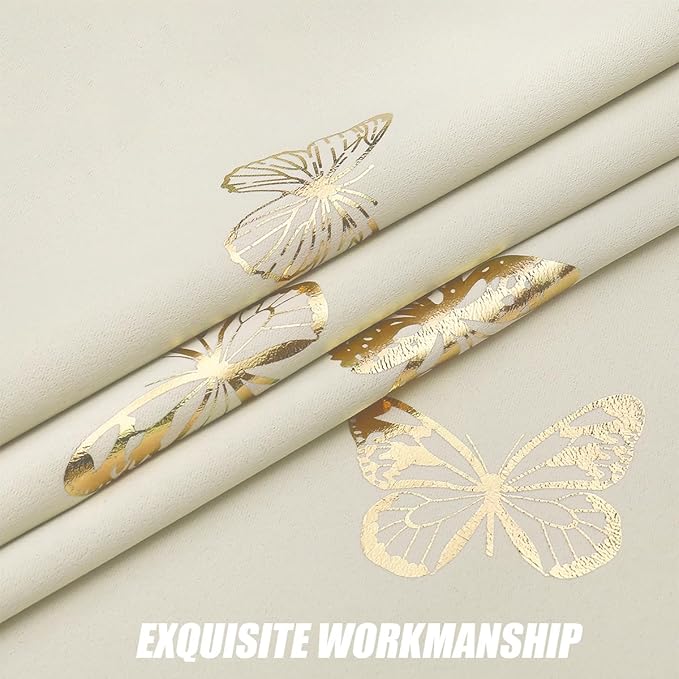 Jubilantex Butterfly Blackout Curtains 54" Long for Kids Bedroom, Beige and Gold Print Floral Butterfly Curtains with Black Layer Room Darkening Grommet Window Drapes for Bedroom Girls Room,52x54