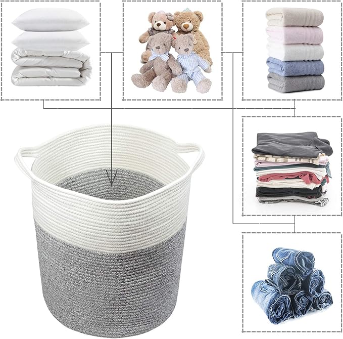 COMFY-HOMI XXL Large Laundry Basket with Handles Blanket Baskets Living Room|Woven Cotton Rope Decorative Basket Laundry Hamper Baby Basket Nursery Dog Toy Storage Organizer Bin-16”x18”-White Grey