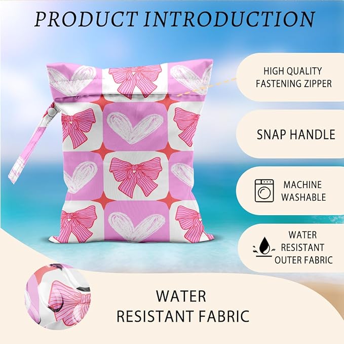 Pink Bow Wet Bags 12x10 Inch, Grid Waterproof Travel Laundry Bags, Heart Washable Reusable Wet Dry Bag for Swimsuit Pool Beach Diapers Dirty Yoga Gym Clothes, Pink Gifts for Women Friend Travelers