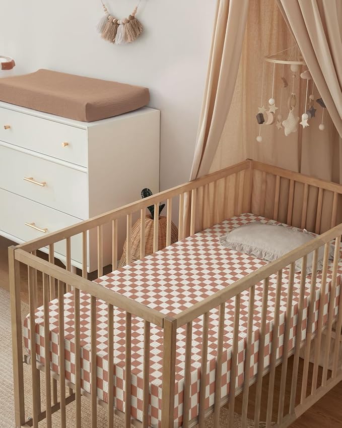 Blissful Diary Muslin Crib Sheets for Girl Boy, Boho Neutral Soft Cotton Baby Sheet for 52''x28'' Standard Crib Mattress, 2 Pack(Brown Checkboard & Brown)