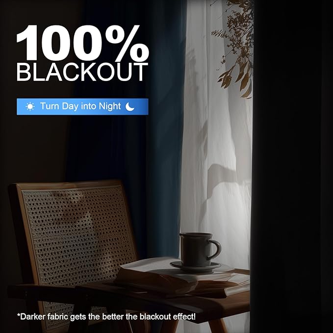 Linen 100% Blackout Curtains for Bedroom, Black Out Curtains 45 Inch Long, Room Darkening Curtains for Living Room, Long Curtain Grommets Drapes, Thermal Curtains(2 Panels, Navy Blue)