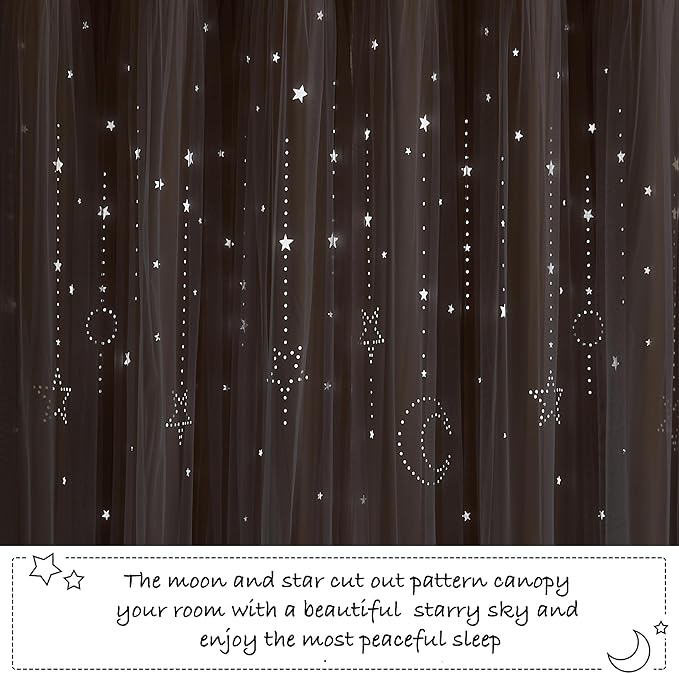 NICETOWN Kids Blackout Curtains for Baby Rooms Girl Princess Curtain for Daughter Bedroom Window Moon and Star Hollout Sliding Door Panel for Living Room (Biscotti Beige, W52 X L84, 1 Panel)