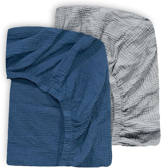 Ultra Soft Muslin Crib Sheets for Baby, Premium Breathable Organic Cotton Crib Fitted Sheet for 52’’x28’’Standard Crib and Toddler Mattress,Grey&Navy Blue