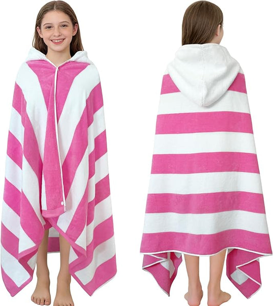 Hooded Bath Towel Wrap for Teens/Big Kids (8-14 Years,68"X34") | Soft Fluffy Quick Dry Absorbent 100%Cotton Thick Towel | Versatile Beach, Pool, Swim & Bath Cover-Up | Hot Pink Wide Stripe