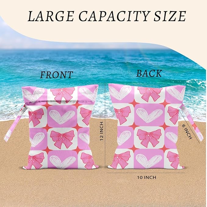 Pink Bow Wet Bags 12x10 Inch, Grid Waterproof Travel Laundry Bags, Heart Washable Reusable Wet Dry Bag for Swimsuit Pool Beach Diapers Dirty Yoga Gym Clothes, Pink Gifts for Women Friend Travelers