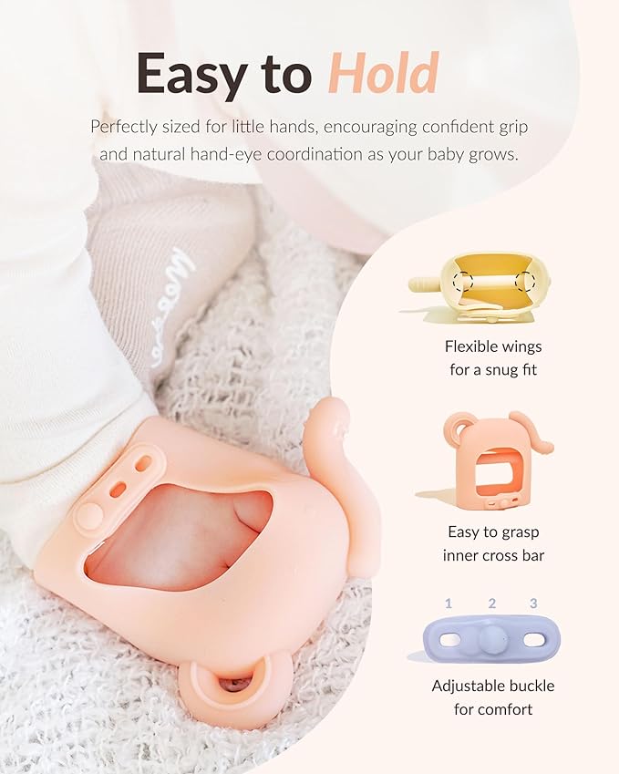 Moyuum Silicone Elephant Grip Hand Teether Toy | Made in Korea, Provides Teething Relief, Wearable Teether is Easy to Hold, Drop Resistant with Adjustable Wrist Strap, Babies 3+ Months, Yellow
