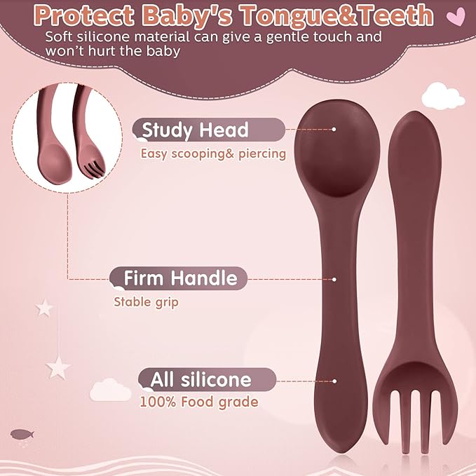 Nuenen 6 Pieces Silicone Baby Feeding Forks and Spoons Set Hot Safety First Stage Self Feeding Supplies Mini Kids Utensils for over 6 Months Babies Boy Girl Toddlers First Foods (Princess Color)