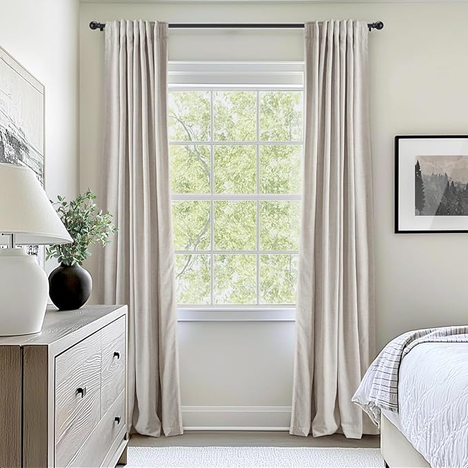 INOVADAY 100% Blackout Curtains for Bedroom, Black Out Curtains 72 Inch Long, Clip Rings Linen Blackout Drapes, Thermal Insulated Room Darkening for Living Room, 2 Panels - Beige,W50xL72