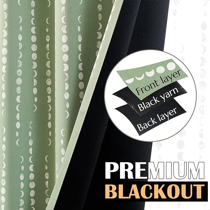 jinchan 95% Blackout Bohemian Moon Phase Print Bedroom Curtains 96 Inch Long Sage Green Pole Mouth Rear Label Insulation for Nursery Curtain Set 2 Panels
