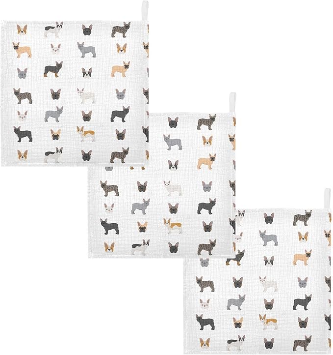 vvfelixl Baby Cotton Washcloths Different French Bulldog Infants Bath Towel for Unisex Puppy Face Towels for Newborn, Natural Baby Wipes Delicate Skin, 11.8 X 11.8 inch, one sizex3