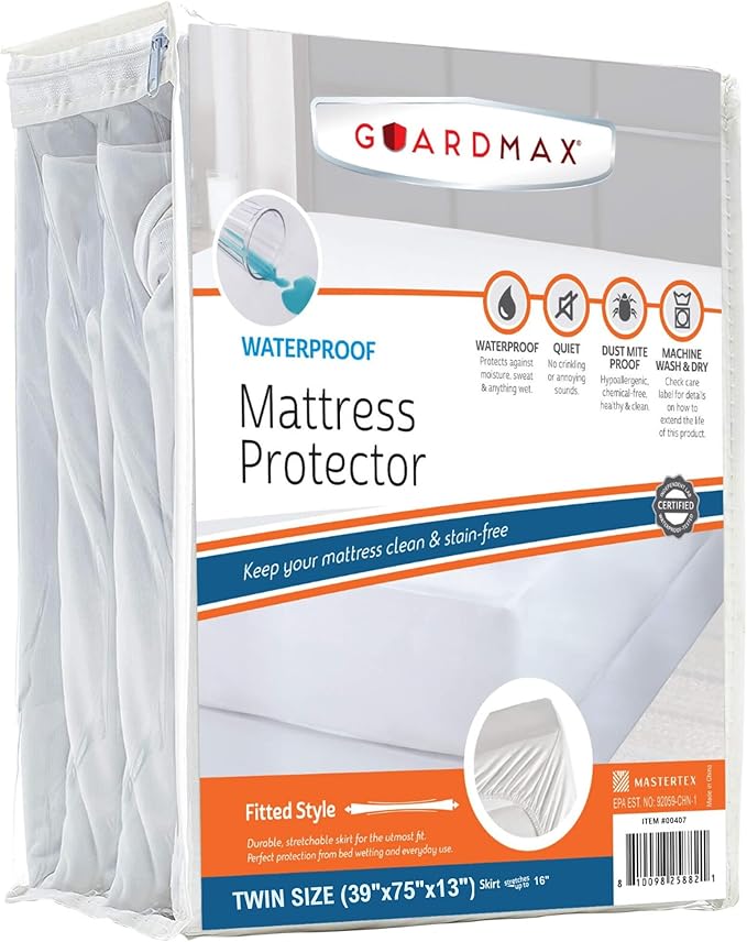 Guardmax Jersey Knitted Twin Size Mattress Protector - Waterproof & Dust Mite Proof Mattress Cover with Stretchable Pockets - Soft, Comfortable, & Noiseless Waterproof Fitted Sheet.(39 x 75 x 13)