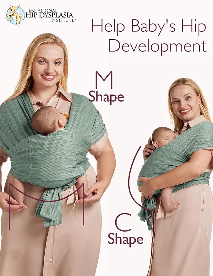 Momcozy Adjustable Buckle Baby Wrap Carrier Cooling Air-Mesh, Easy to Wear Baby Carrier Sling, Baby Carriers Newborn to Toddler 8-35lbs, Suit for Waist 30-47inch, Regular Grey Green