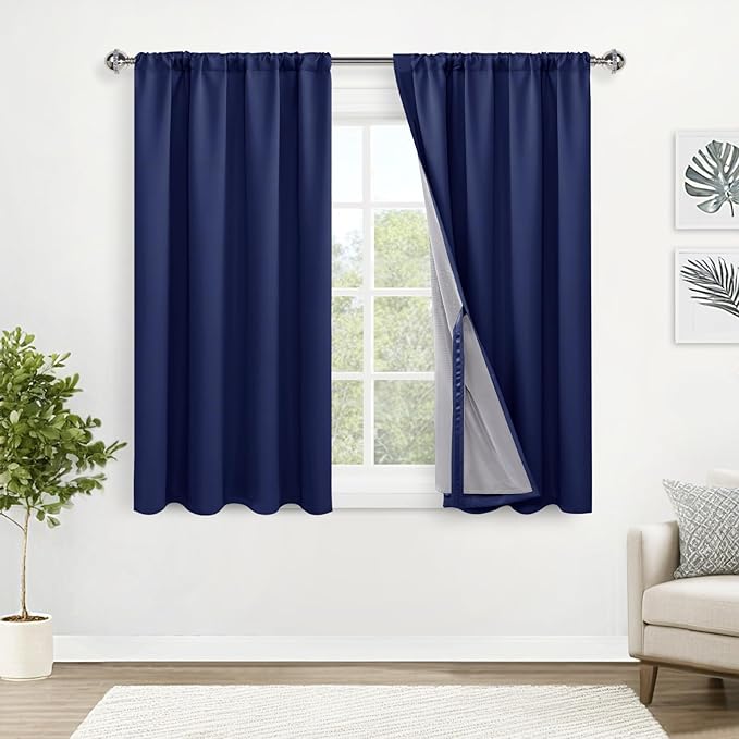 XWZO 100% Blackout Curtain Panels - Rod Pocket & Back Tab Thermal Insulated Black, Noise Reducing and Heat Blocking Drapes for Hall and Studio Windows with Tiebacks, Navy Blue, W52 x L45, Set of 2