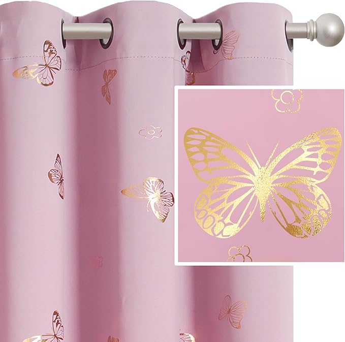 Jubilantex Pink Gold Butterfly Blackout Curtains 84Inches Long for Bedroom Kids Bedroom Nursery Floral Print Window Curtains with Black Layer,Grommet Top 2 Panels