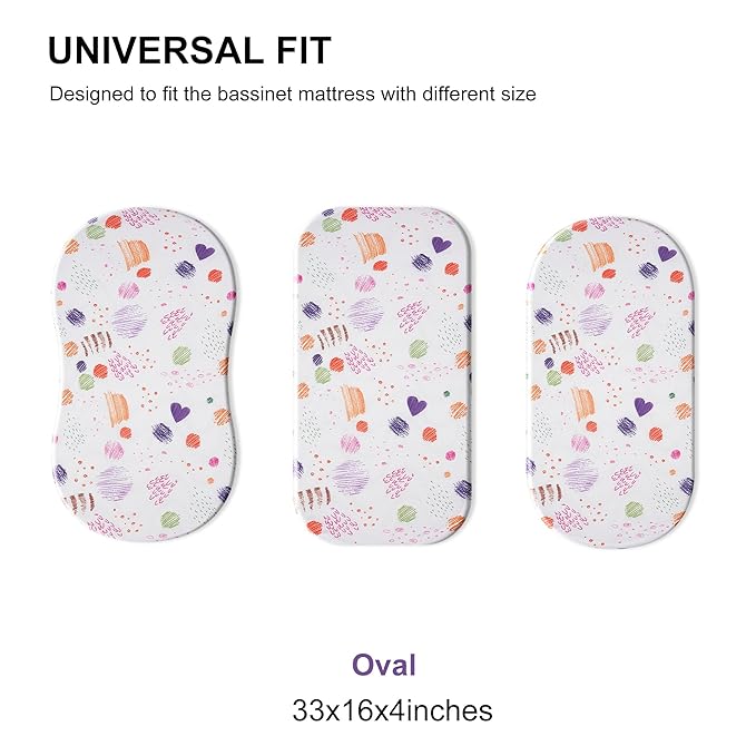 TILLYOU Baby Bassinet Sheets for Girls Boys 2 Pack Baby Sheets for Square Rectangle Oval Bassinet Mattress 33X16 Inch, Animal Graffiti & Dot Printing