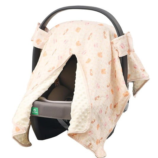 2-in-1 Baby Car Seat Cover, Baby Car Seat Canopy, Mom Nursing Cover，Easy to Install Shield，Multi-Purpose | Winter Warm & Summer Shade Use (Light Pink)