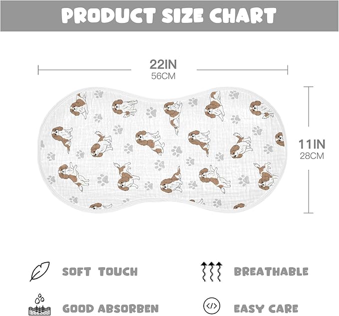 Qinllo 2 Pack Muslin Burp Cloths Cavalier Dogs Paw White Cotton Baby Burp Cloths Absorbent Burping Cloth Soft Spit Up Rags for Newborn Must Haves 22x11 Inch