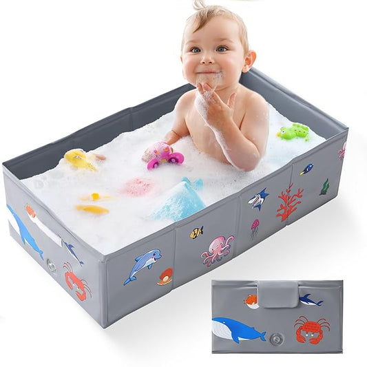 Portable Foldable Baby Bathtub with Drain Plug, 30" L x 15.2" W x 8.6" H Kids Travel Tub, Converts Shower to Tub, No Assembly Folds Flat for Storage, for Infant Toddler 6M-5 Years, Gray