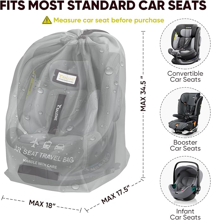 BALEINE Car Seat Travel Bag for Airplane, Water-Resistant Car Seat Bags for Air Travel, Foldable Cover with 3 Handles, Fits Toddler Carseat, Convertible and Booster Seats (Gray)