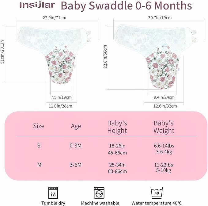 insular Baby Swaddle Wrap, Swaddle Blanket for Newborn and Infant, Adjustable Swaddling Set for Boy and Girl, Soft Cotton Baby Sleep Sack 3 Pack, Floral, Medium(3-6 Month)