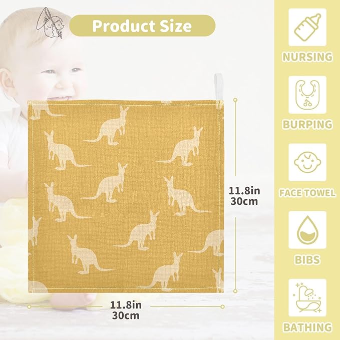 vvfelixl Kangaroo Australia Animals Baby Burp Cloths Baby Muslin Washcloths for Boys Girls Cotton Baby Face Towel for Newborn Infants Soft and Absorbent 11.8 X 11.8 in, 5 Pack