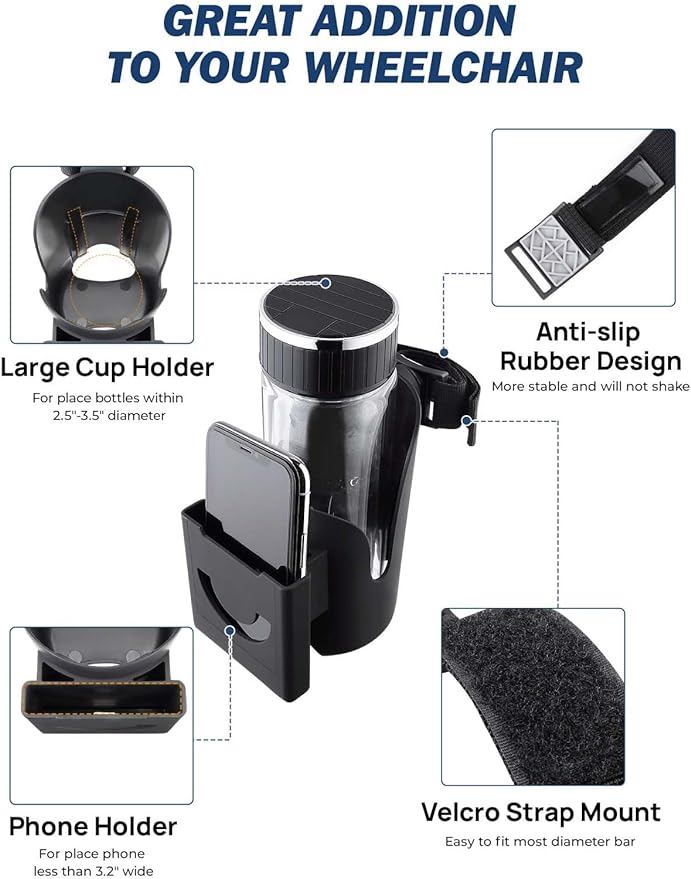 JOYTUTUS Cup Holder for Wheelchair, 2 in 1 Water Bottle Holder and Phone Bracket, Universal Drink Cup Holder for Walker, Rollator, Stroller, Scooter