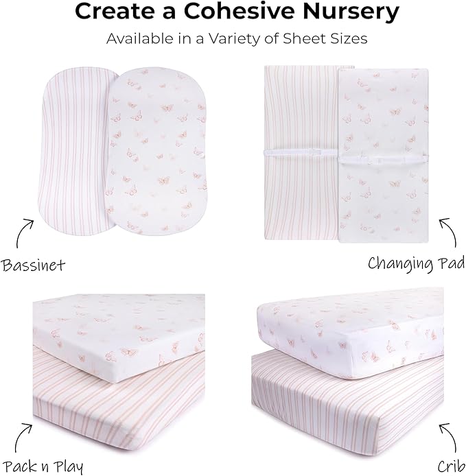 Ely's & Co. Pack and Play Sheets, for Mini/Portable Crib, 2 Pack Fitted Playpen Play Yard Sheet Set Compatible with Graco Pack n Play, for Baby Girls, 100% Cotton, 38”x24”x5” Pink Butterfly + Stripes
