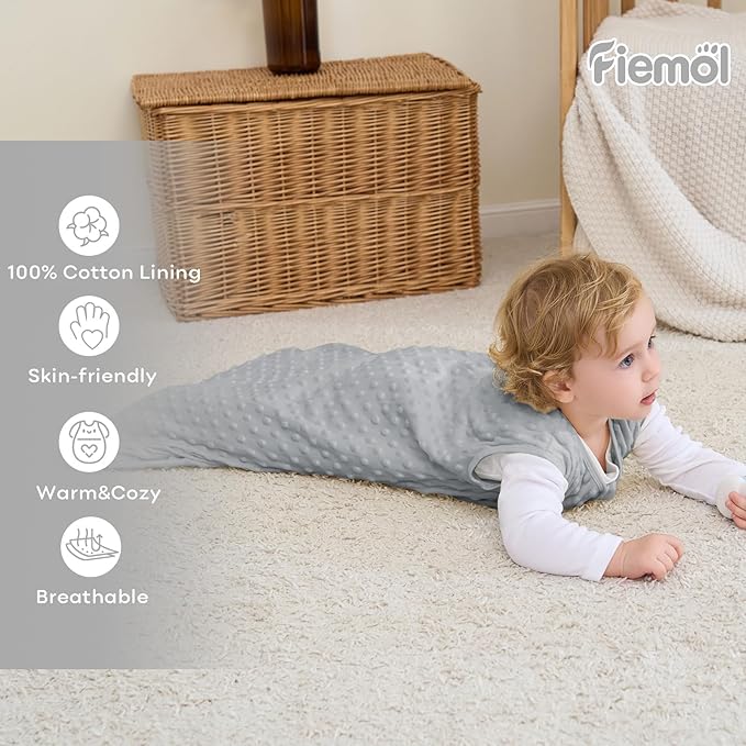 FIEMOL Fleece Baby Sleep Sack 6-12 Months, 1.5 TOG Cotton Baby Wearable Blanket With Soft Plush Dots, 2 Pack Newborn and Infant Warm Sleeping Sack with 2-Way Zipper Green&Grey