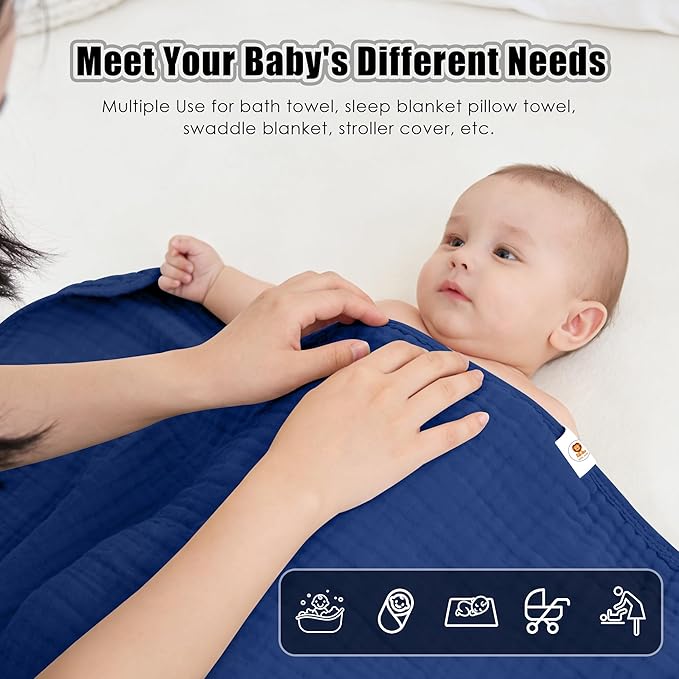 Sunny zzzZZ Muslin Hooded Baby Bath Towels - 3 Pack 100% Cotton Soft Low-Saturation Pastel Towels Including Classic White for Newborns, Infants, Toddlers - 32x32 Inch - Deep Navy and White
