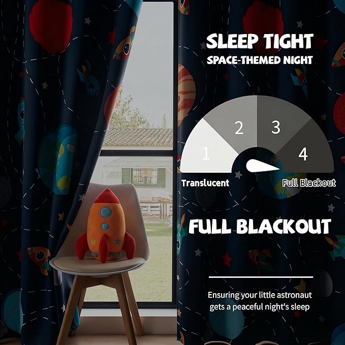 Kids Space Themed Blackout Curtains - 100% Blackout, Perfect for Bedroom and Nursery with Vibrant Cosmos Patterns, Noise Reduction, Thermal Insulated, 2 Panels (Space, W42×L63)