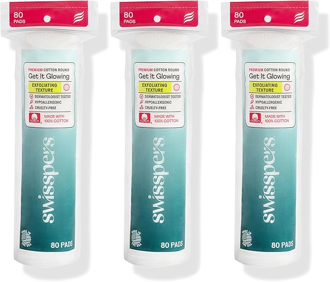 Swisspers Premium Exfoliating Cotton Rounds – 80 Count (Pack of 3) – 100% Pure Cotton, Dual-Sided Surface Pads for Gentle Exfoliation, Optimal Cleansing and Makeup Removal
