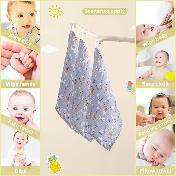 Baby Washcloths Cotton Dragonfly Baby Muslin Washcloths Soft Baby Face Towel for Newborn Infants Baby Wipes, 11.8 X 11.8 Inch, 3 Pack Lilac