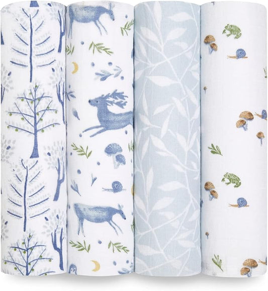aden + anais Swaddle Blanket, 100% Organic Cotton Muslin Blankets for Girls & Boys, Baby Receiving Swaddles, Ideal Newborn & Infant Swaddling Set, 4 Pack, Outdoors