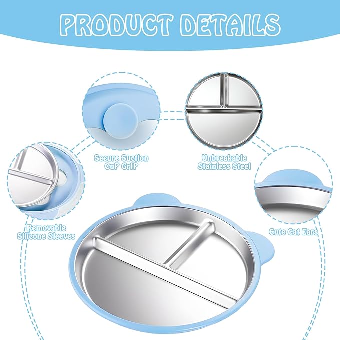 Thrseely 4 Pack Stainless Steel Toddler Plates with Suction - 9" Kids Divided Plates Removable Silicone Sleeves for Baby Led Weaning, Bear Ear Design Non Slip BPA-Free Dishwasher Safe