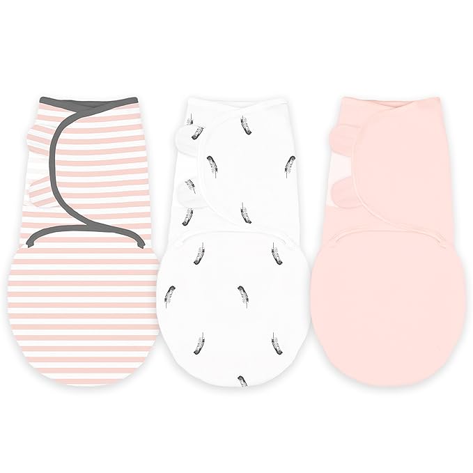 Amazing Baby Swaddle Blanket with Adjustable Wrap, Set of 3, Little Feather, Stripes and Solid, Pink, Small