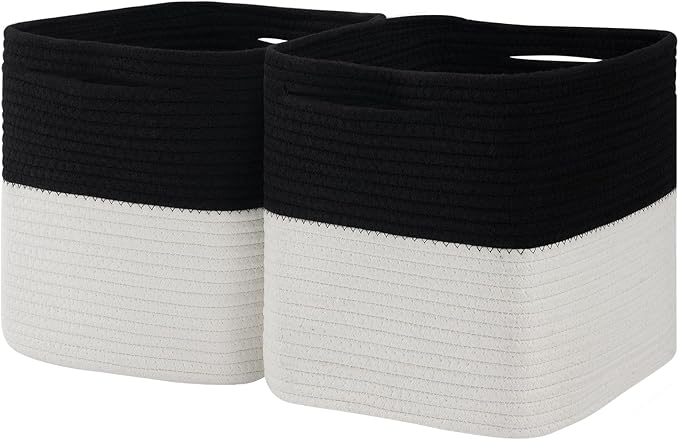 Cube Storage Bin 11" x 10.5" x 10.5" Cotton Rope Basket Square Woven Storage Basket for Shelves, Closet Organizer, Soft Towel Sock Basket, Black/White, 2 Pack