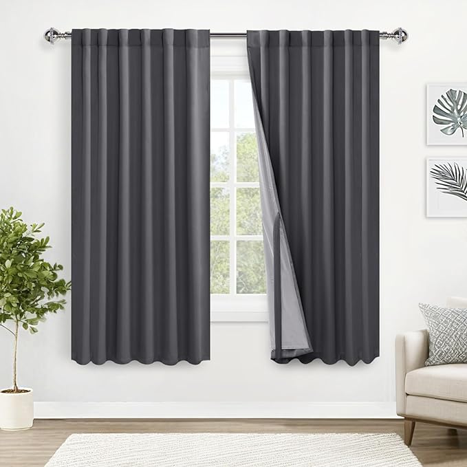 XWZO Full Shading Blackout Curtains 72 Inches Length - Heat and Light Blocking Rod Pocket & Back Tab Window Drapes with Black Liner Backing for Bedroom with Tiebacks, Dark Grey, W52 x L72, Set of 2