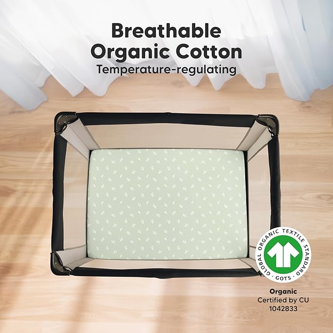 2-Pack Mini Crib Sheets Fitted - 38x26 Pack N Play Sheets for Pack and Play Mattress, Organic Cotton, Soft & Breathable Playard Bedding, Neutral Mini Toddler Bed Cover for Boys, Girls (Herb)