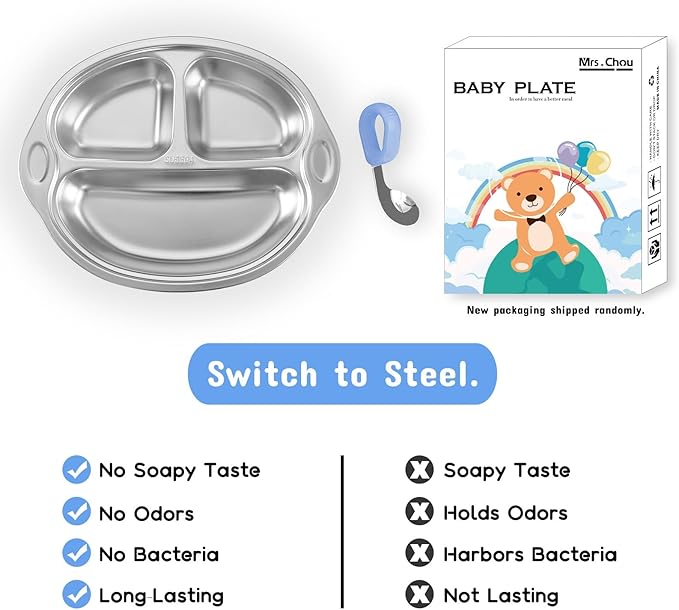 Mrs. Chou Stainless Steel Baby Suction Plates: Divided Plates for Babies and Toddlers, Made of 100% Food-Grade Materials Ideal for Baby-Led Weaning BPA-Free Toddler Feeding Dishwasher Safe Purple