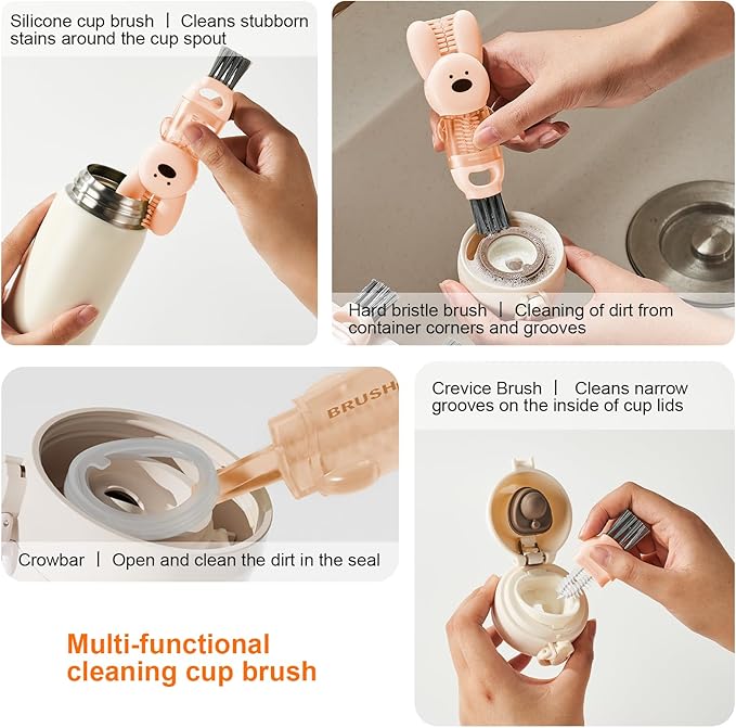 4 in 1 Cup Lid Cleaning Brush, 3 in 1 Bottle Brush, Cup Crevice Cleaning Tools, Easy to Clean and Storage, ABS+Silicone Cup Lid Gap Cleaner, Portable Multifunctional Bottle Cleaning Brush (3Pcs)