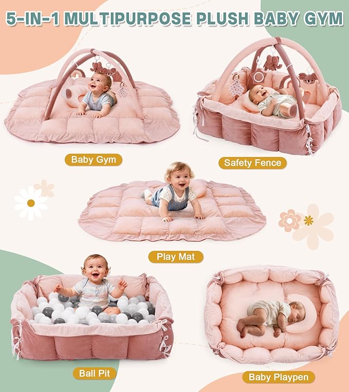 5-in-1 Baby Play Gym and Tummy Time Mat, Tummy Time Pillow & 12 Learning Cards, Plush Activity Mat with 6 Toys, Baby Gym, Convertible to Ball Pit, Baby Gift, Pink