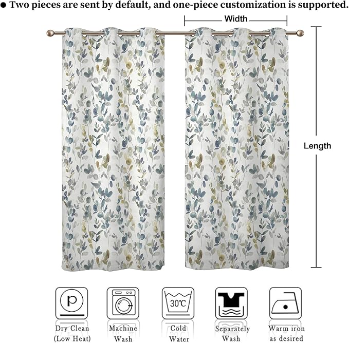 Renaiss Botanical Herbs Blackout Curtains, Vintage Eucalyptus Leaf Thermal Insulated Bedroom Window Curtains, Classical Gray Plants Window Drapes for Living Room, 96" L x 42" W 2 Panel Set