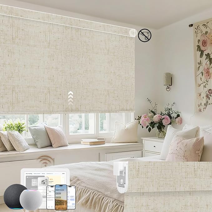 Kincmo No Drill Motorized Blinds with Remote, 100% Blackout Roller Shades for Windows, Custom Electric Blinds Compatible with Alexa, Apple Homekit, Google Home (100% Blackout Linen Stone)