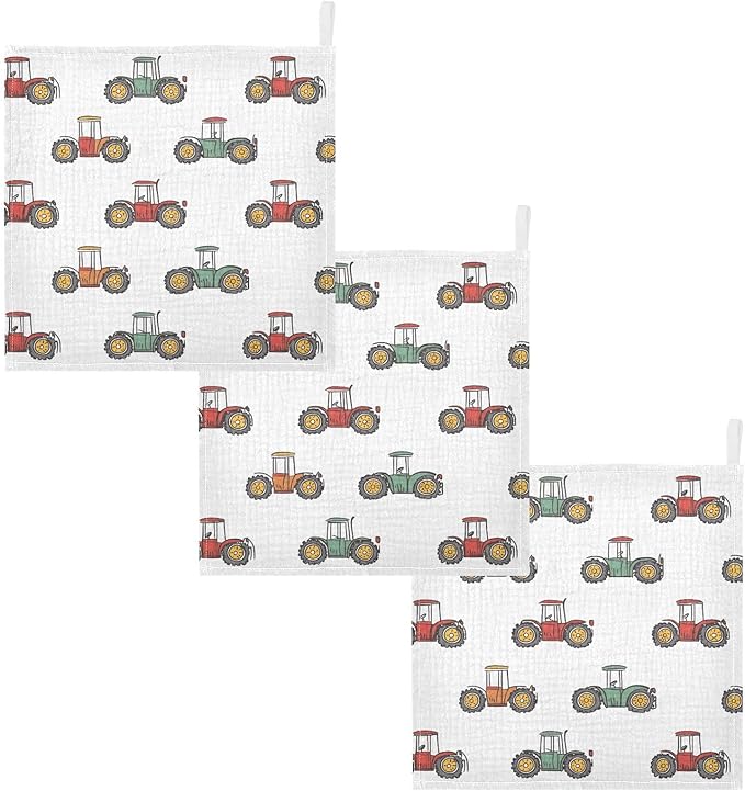vvfelixl Baby Muslin Washcloths Cute Retro Tractor Baby Burp Cloths Cotton Babys Face Towel for Newborn Infants Boys Girls Soft and Absorbent 11.8 X 11.8 in, 3 Pack