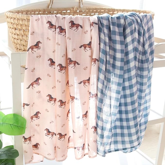 LifeTree Baby Swaddle Blankets, Boys Girls Muslin Swaddling Wrap Receiving Blanket for Newborn, 70% Viscose from Bamboo and 30% Cotton, Large 47" x 47", Horse and Blue Checkered Pattern